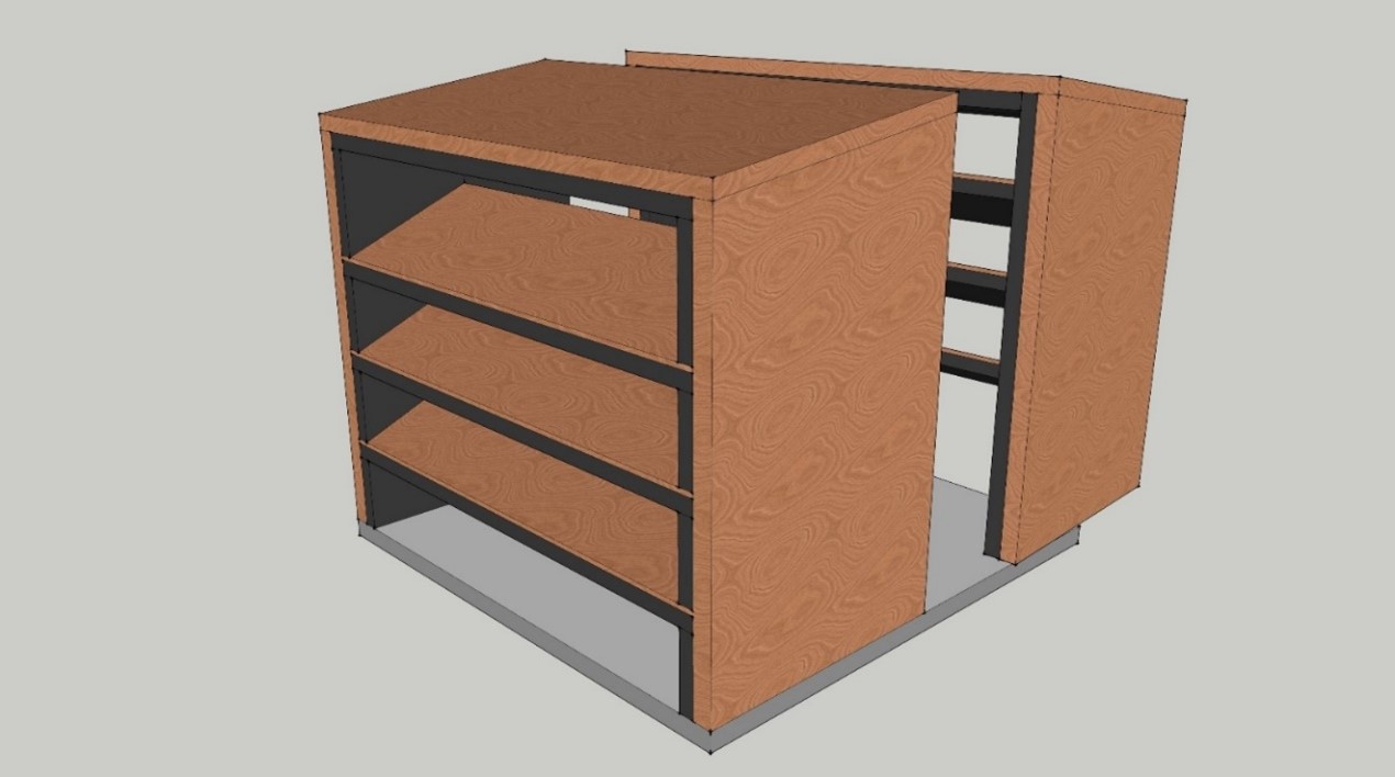 Houten omkasting bestaande uit twee delen met zwart absorptiemateriaal